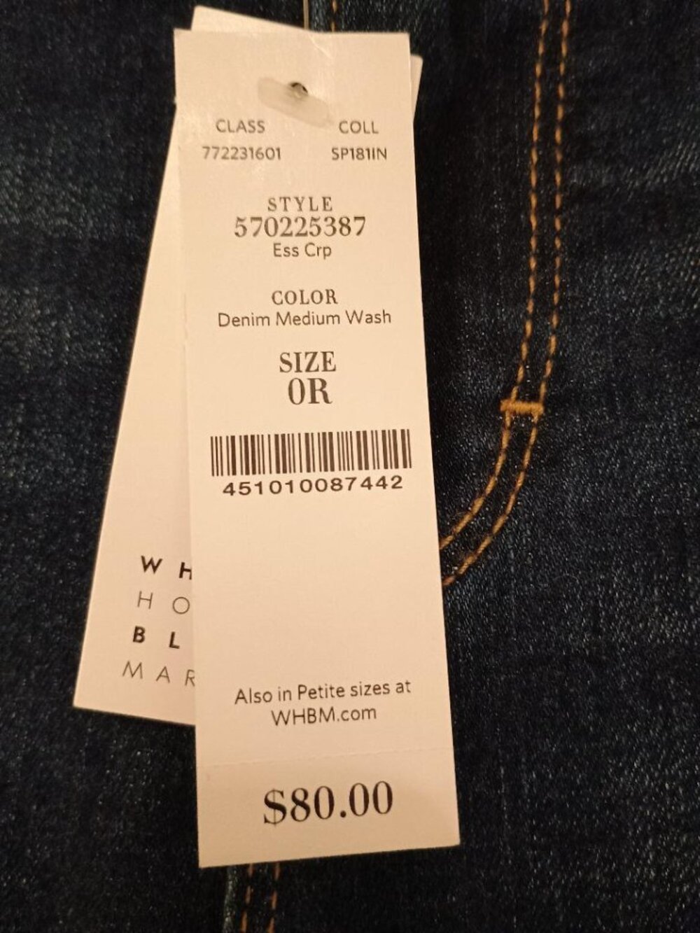 NEW- WHBM- Slim Crop Jean- Size 0